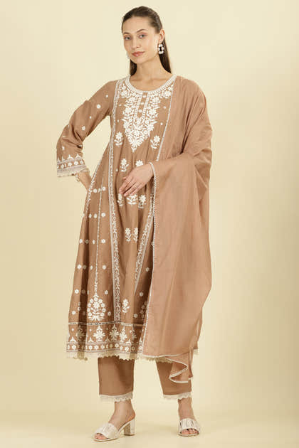 Light Brown Cotton Resham Floral Embroidered Anarkali Suit Set