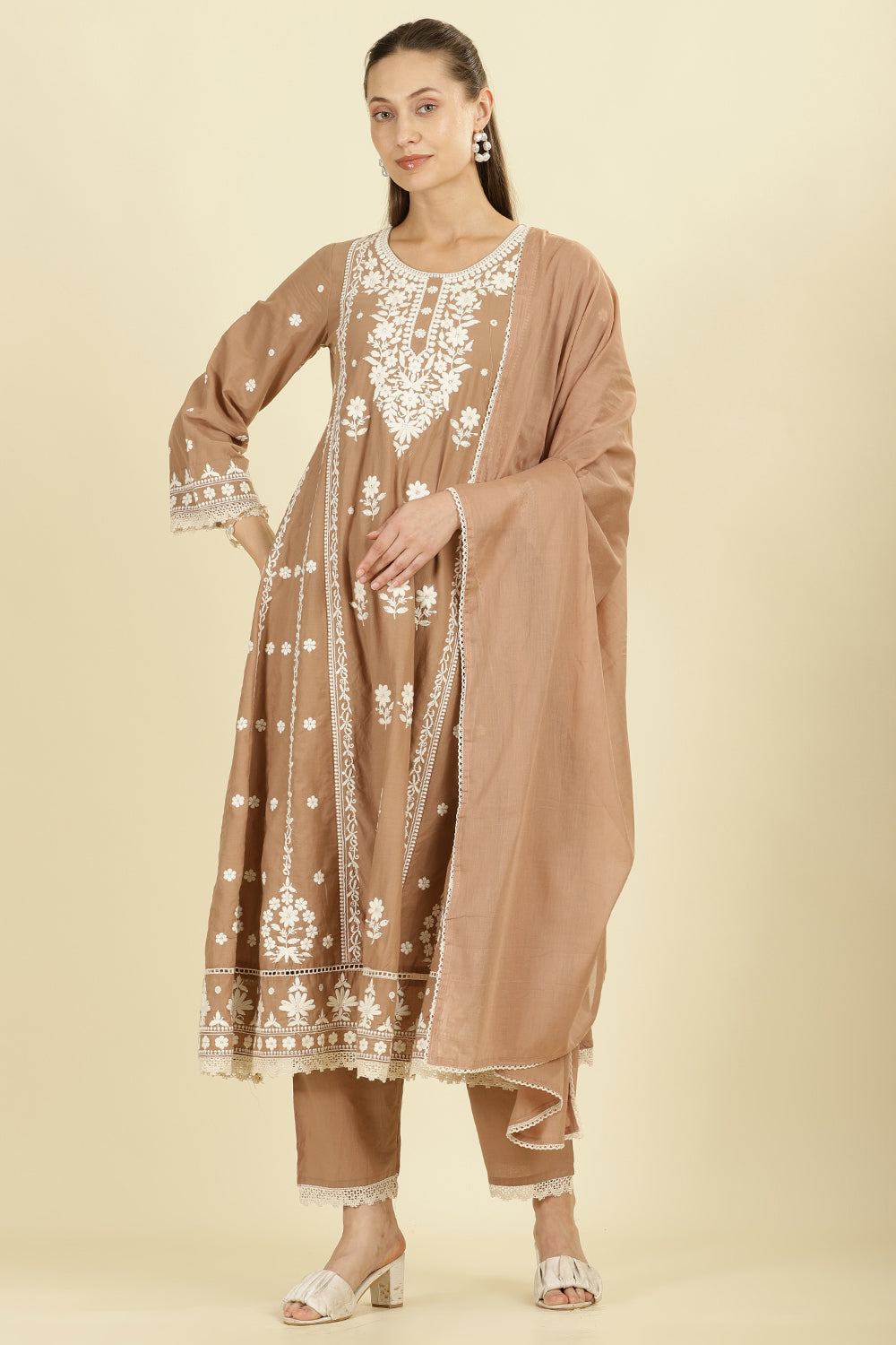 Light Brown Cotton Resham Floral Embroidered Anarkali Suit Set