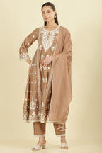 Light Brown Cotton Resham Floral Embroidered Anarkali Suit Set