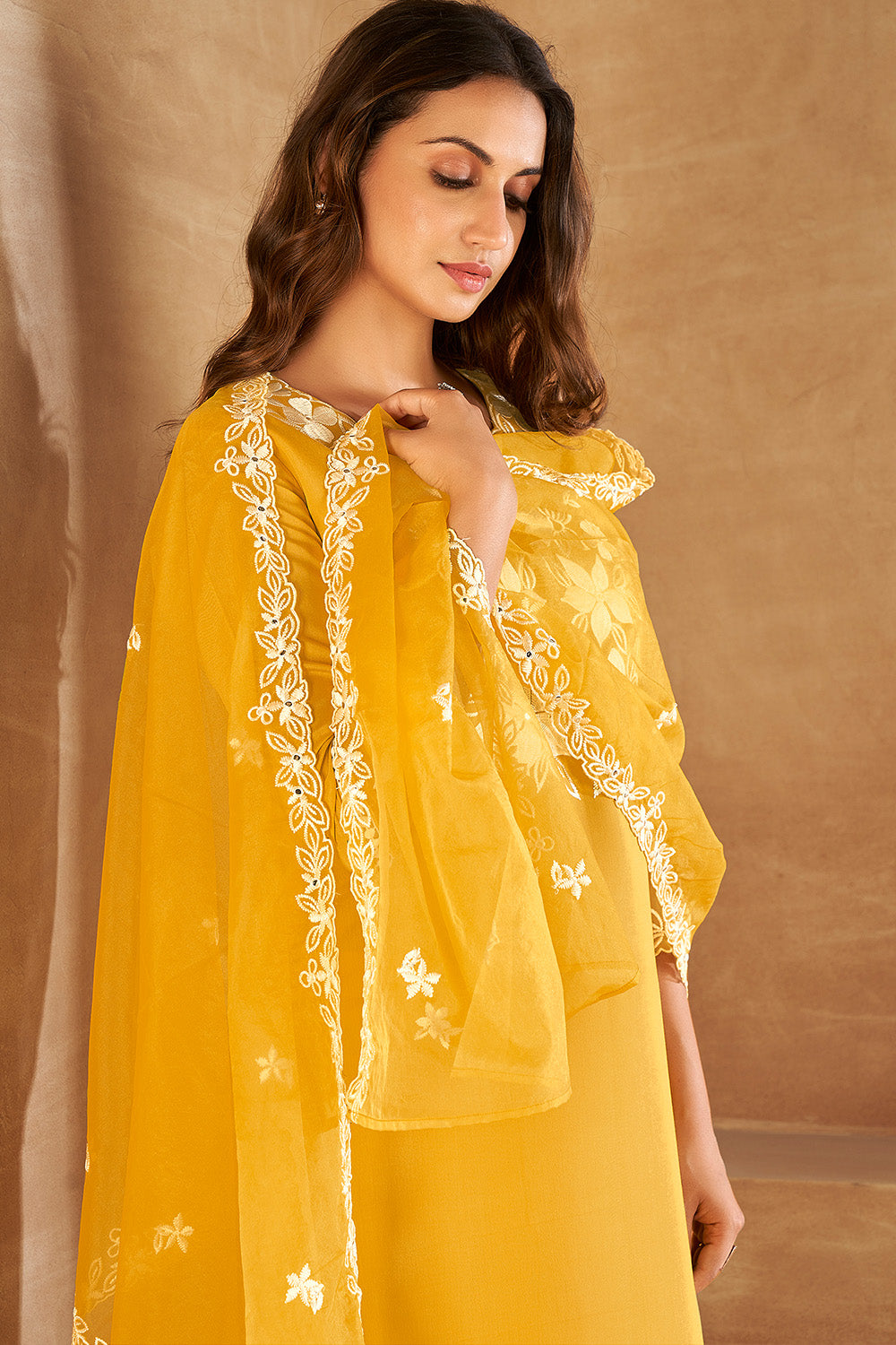 Mustard Color Muslin Resham Embroidered Suit