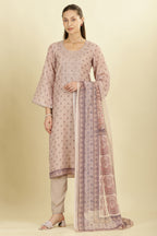 Beige Cotton Floral Printed And Neck-EmborideredUnstitched Suit Material