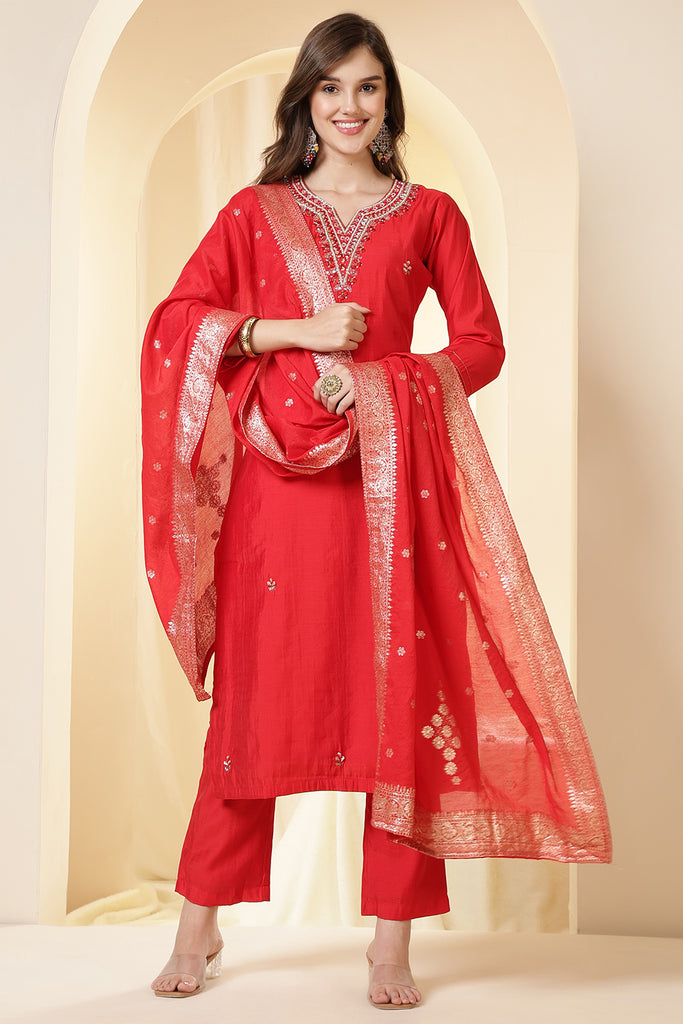 Red Silk Embroidered Suit Set