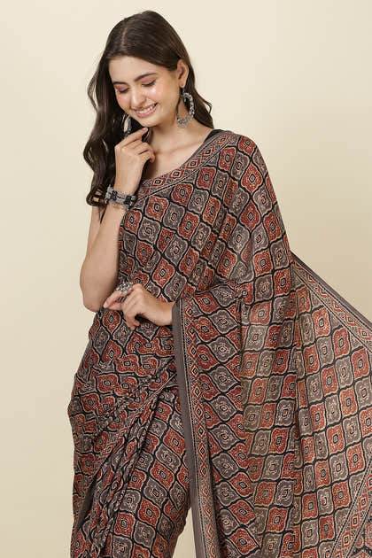 Brown Crepe Printed Saree