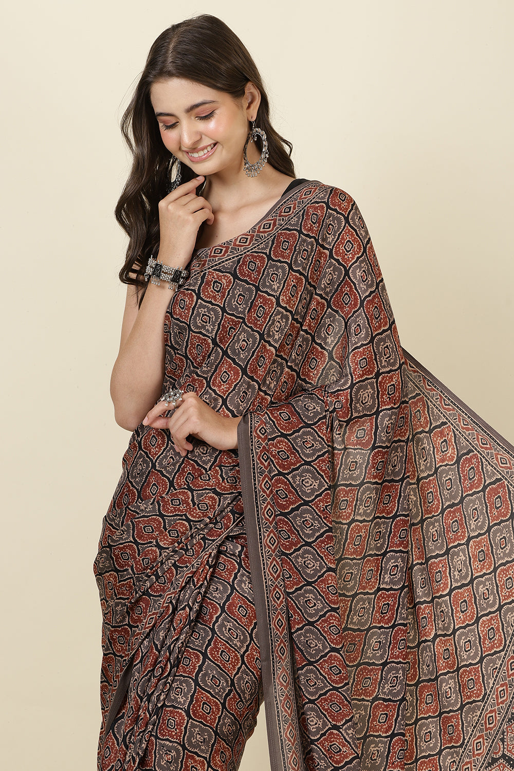 Brown Crepe Printed Saree