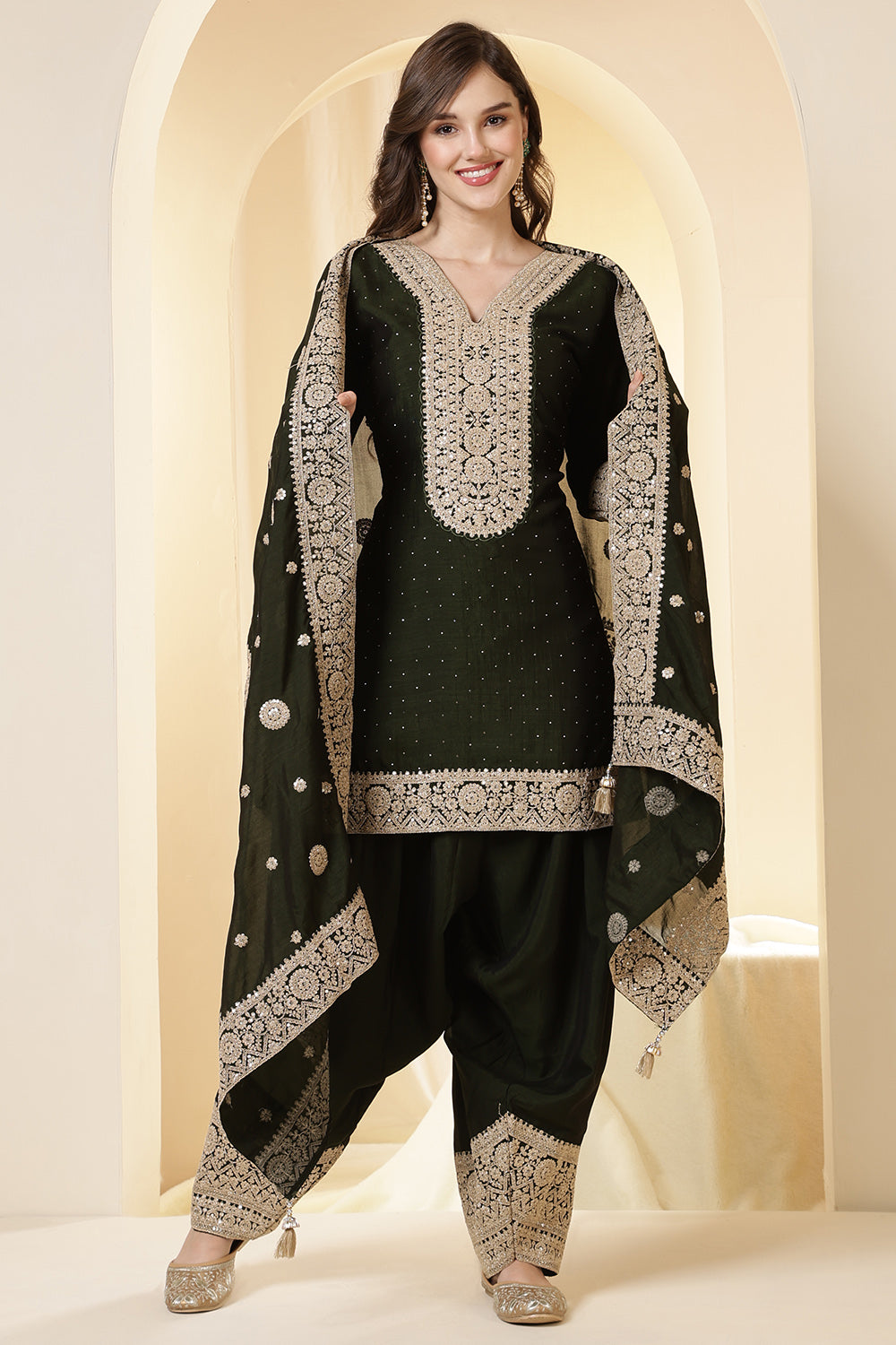 Green Silk Zari Embroidered Suit With Parsi Salwar