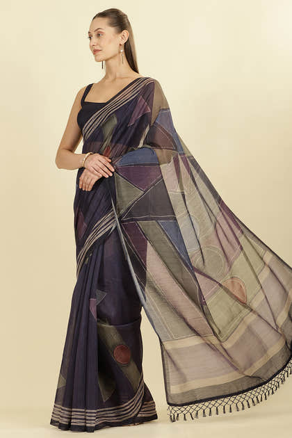 Navy Organza Cotton Printed Saree