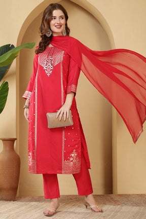 Magenta Pink Cotton Silk Printed & Neck Embroidered Suit