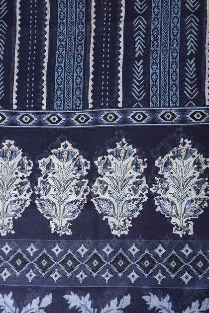 Navy And White Cotton Floral Block Print & Zari Border Unstitched Suit Material