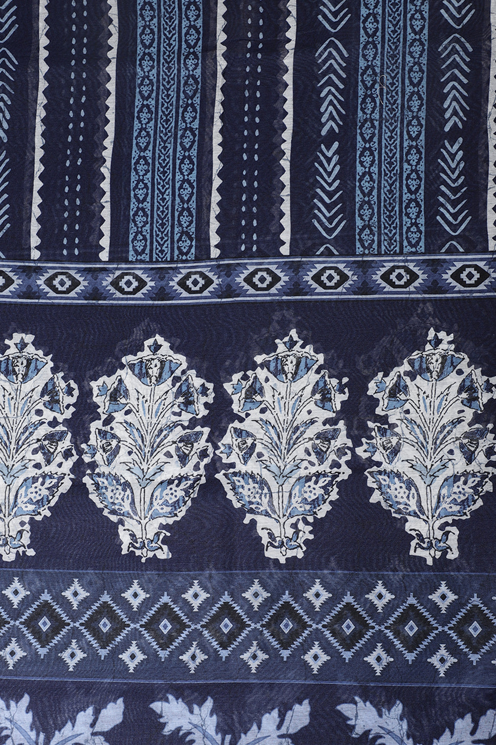 Navy And White Cotton Floral Block Print & Zari Border Unstitched Suit Material
