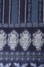 Navy And White Cotton Floral Block Print & Zari Border Unstitched Suit Material