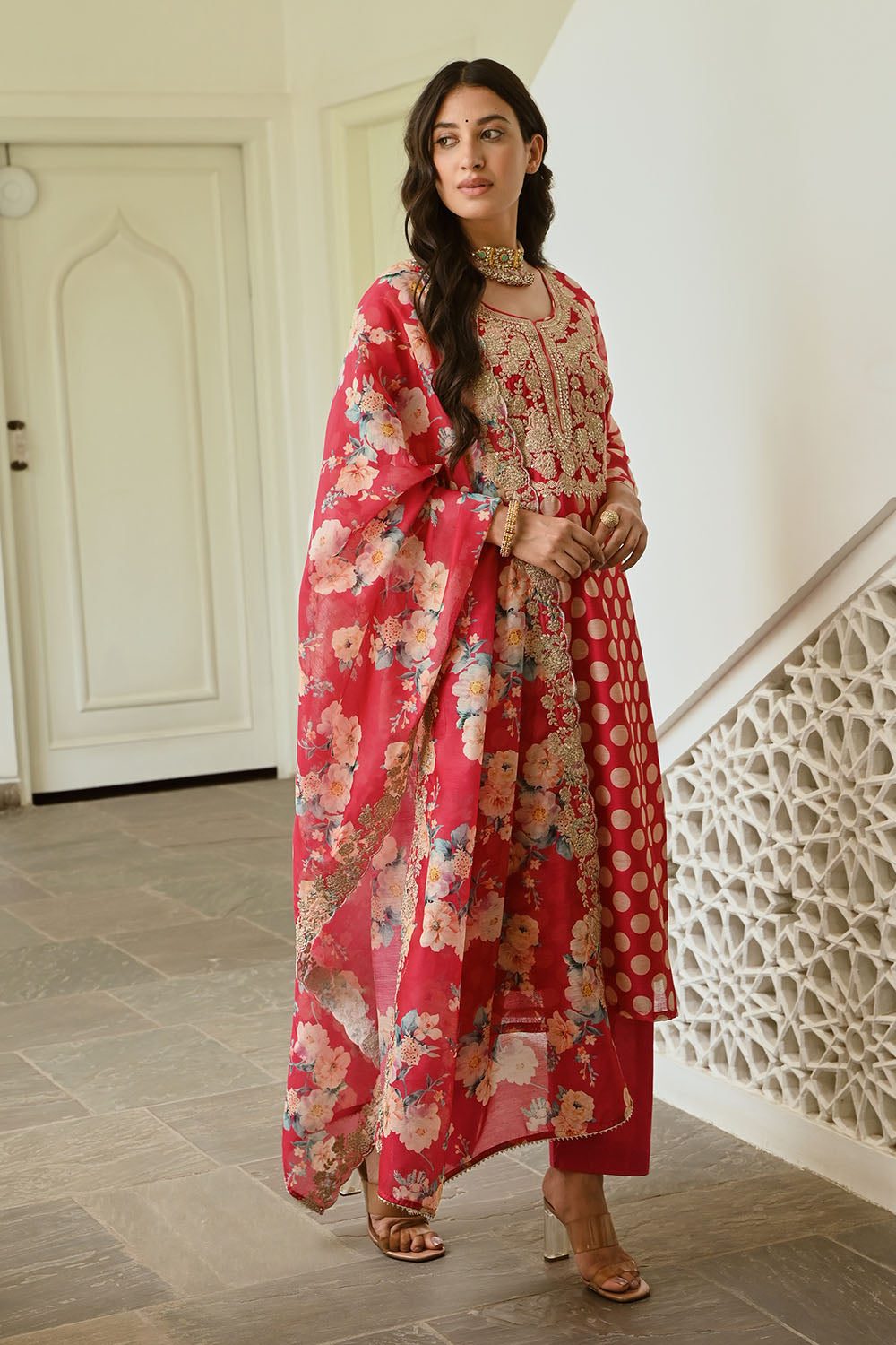 Fuchsia Pink Color Chanderi Printed Suit