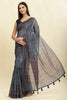 Grey & Blue Cotton Silk Printed Saree