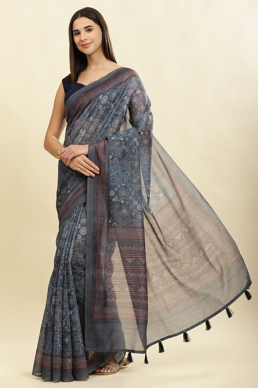 Grey & Blue Cotton Silk Printed Saree