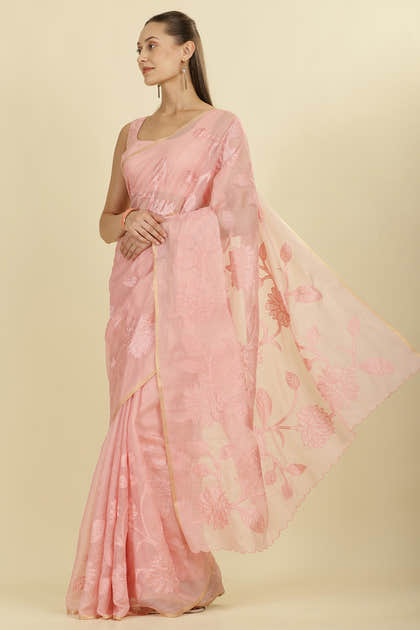 Pink Cotton Floral Resham Embroidered Saree
