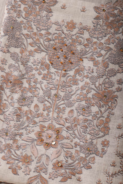 Beige & Brown Floral Printed Unstitched Suit Fabric