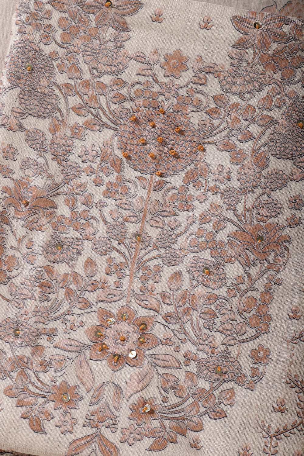 Beige & Brown Floral Printed Unstitched Suit Fabric