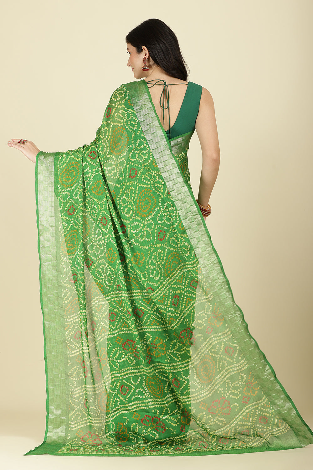 Muted Green Color Chiffon Bandhani Printed Saree