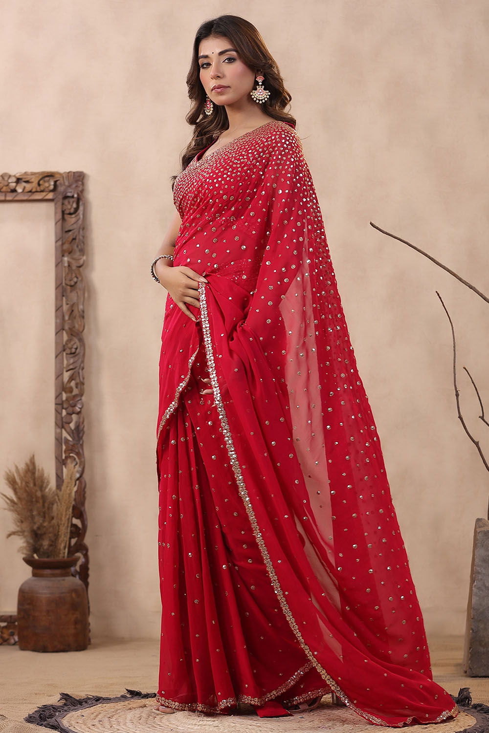 Fuchsia Pink Color Embroidered Georgette Saree With Readymade Blouse