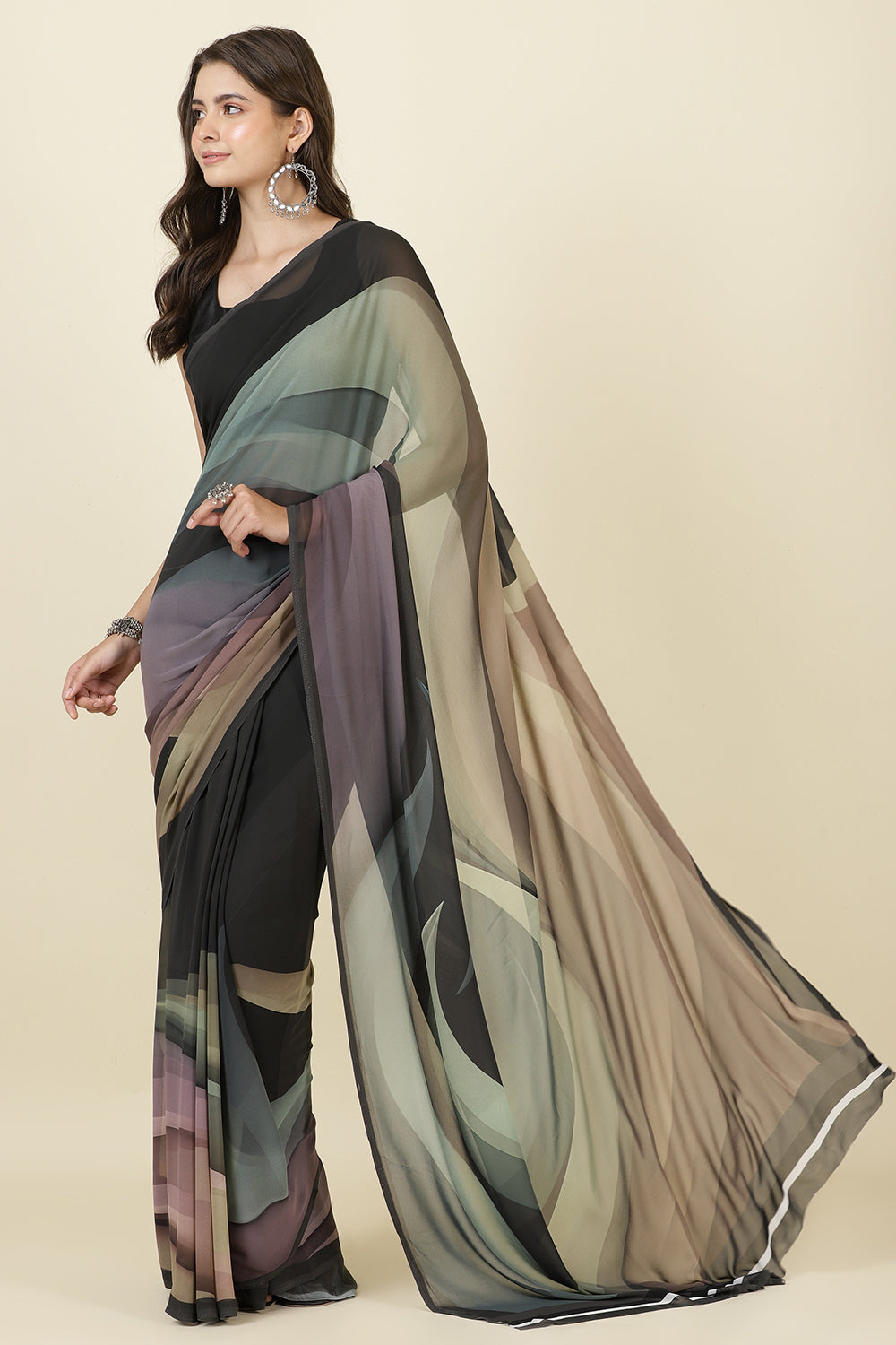 Grey Printed Georgette Saree