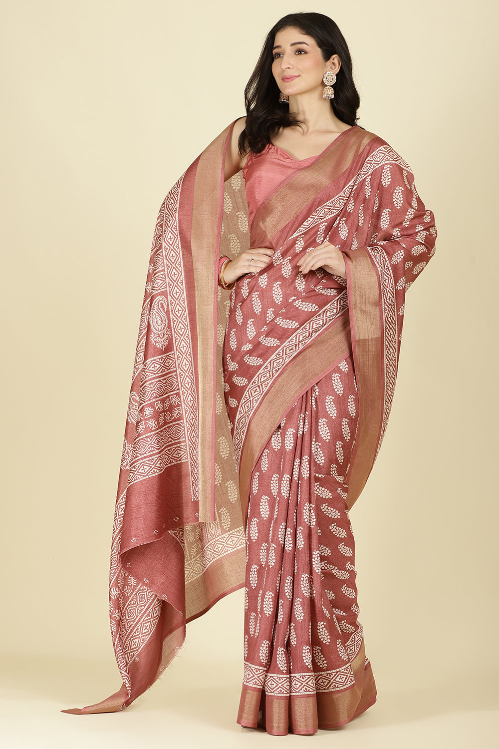 Light Maroon Cotton Silk Boota Printed And Zari Woven Saree