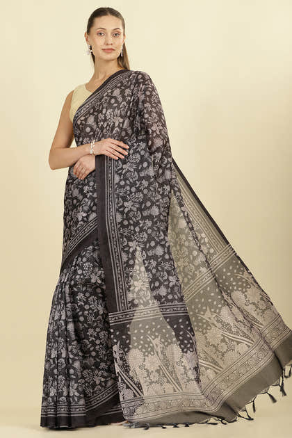 Black Kota Cotton Floral Jaal Printed Saree