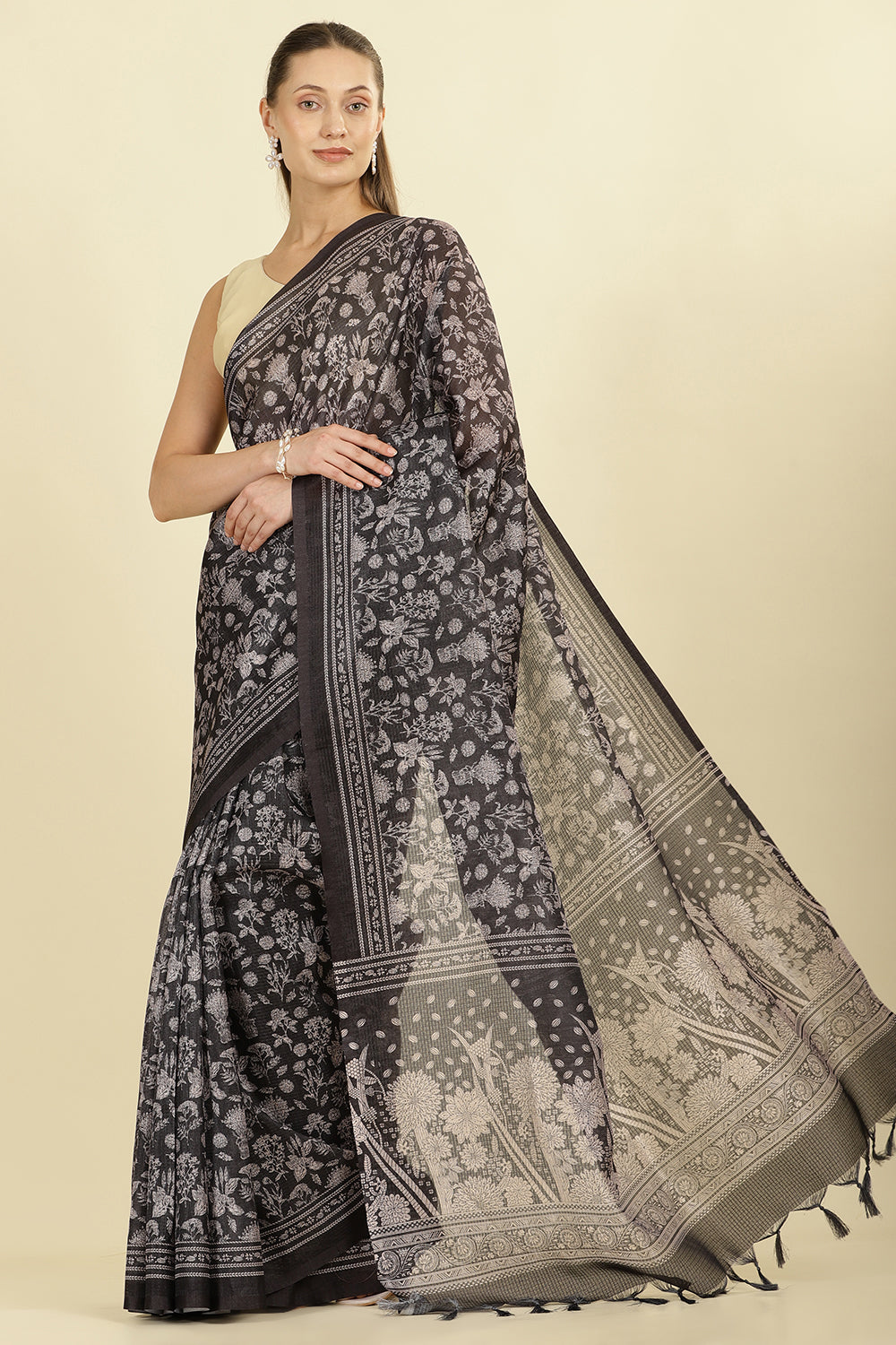 Black Kota Cotton Floral Jaal Printed Saree