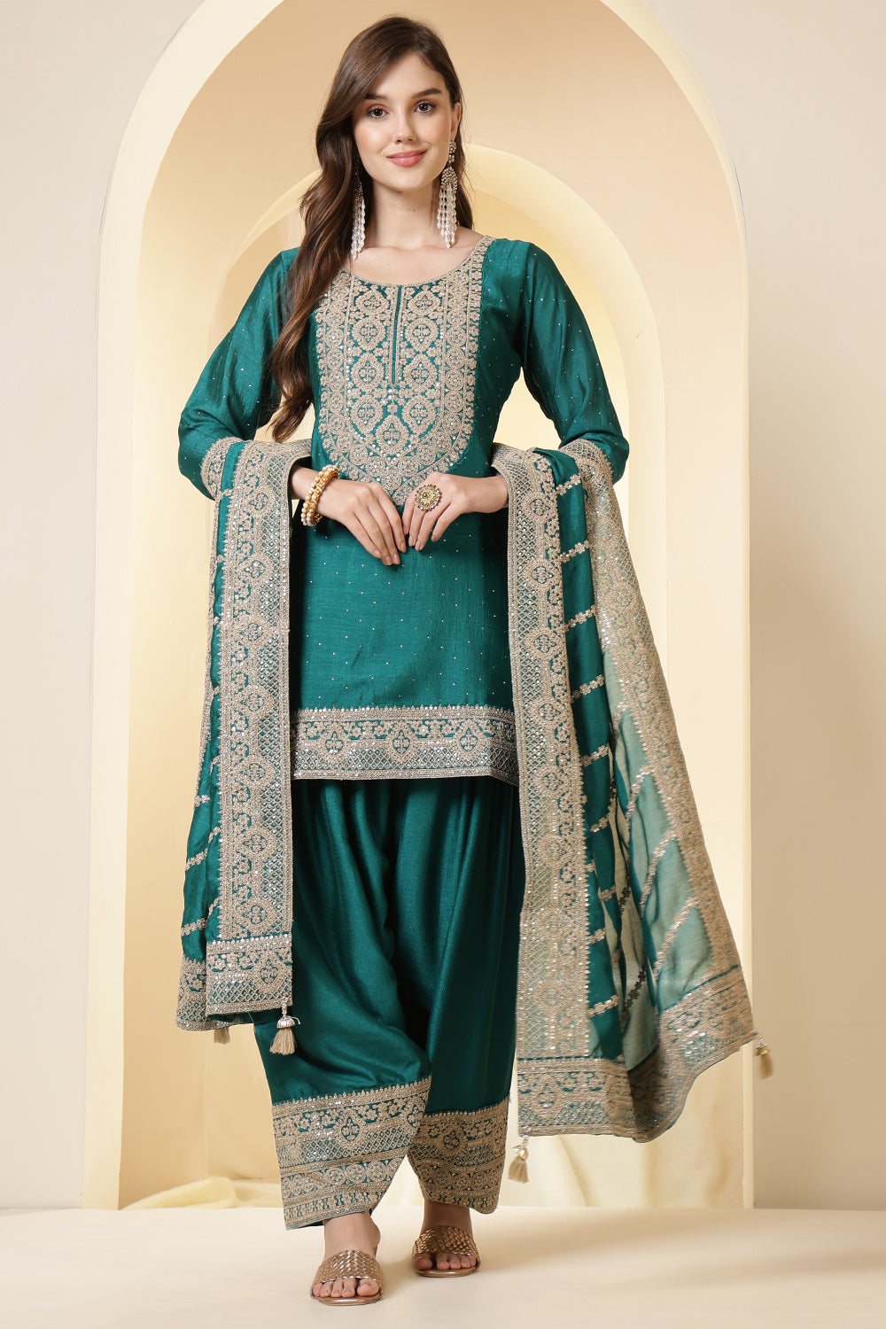 Teal Silk Zari Embroidered Suit With Farsi Salwar