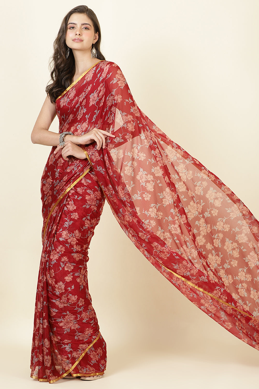 Maroon Zari Border & Floral Printed Chiffon Saree