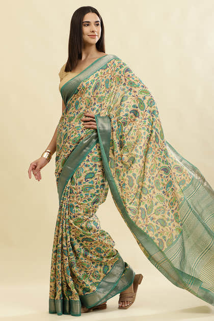 Sea Green & Beige Cotton Silk Floral Boota Printed Saree