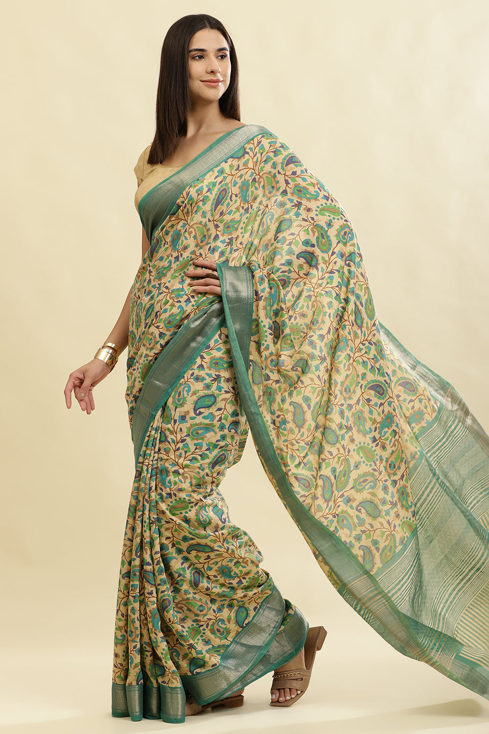 Sea Green & Beige Cotton Silk Floral Boota Printed Saree