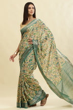 Sea Green & Beige Cotton Silk Floral Boota Printed Saree