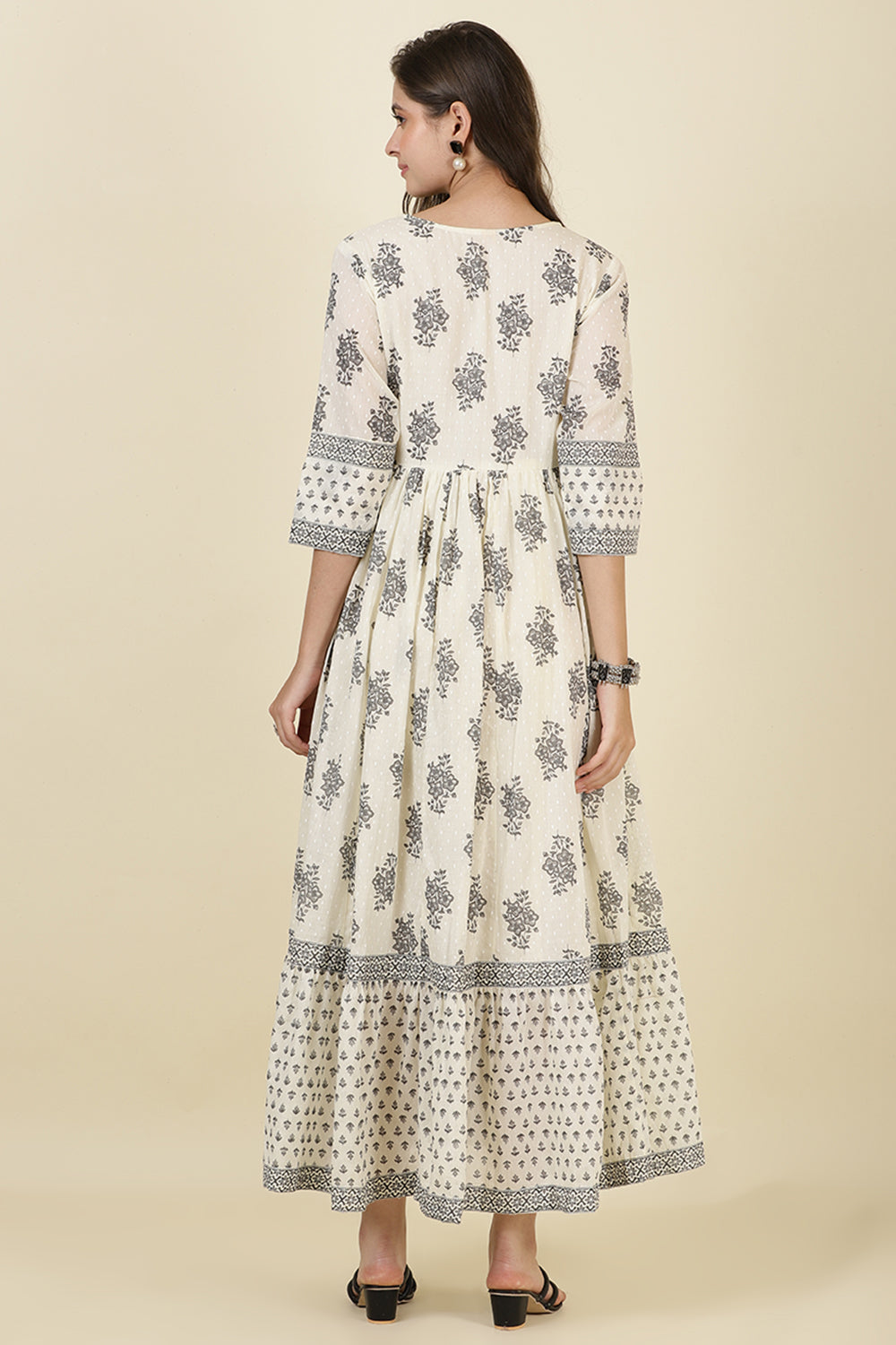 Cream & Grey Cotton Printed (Peonies) Anarkali Kurti