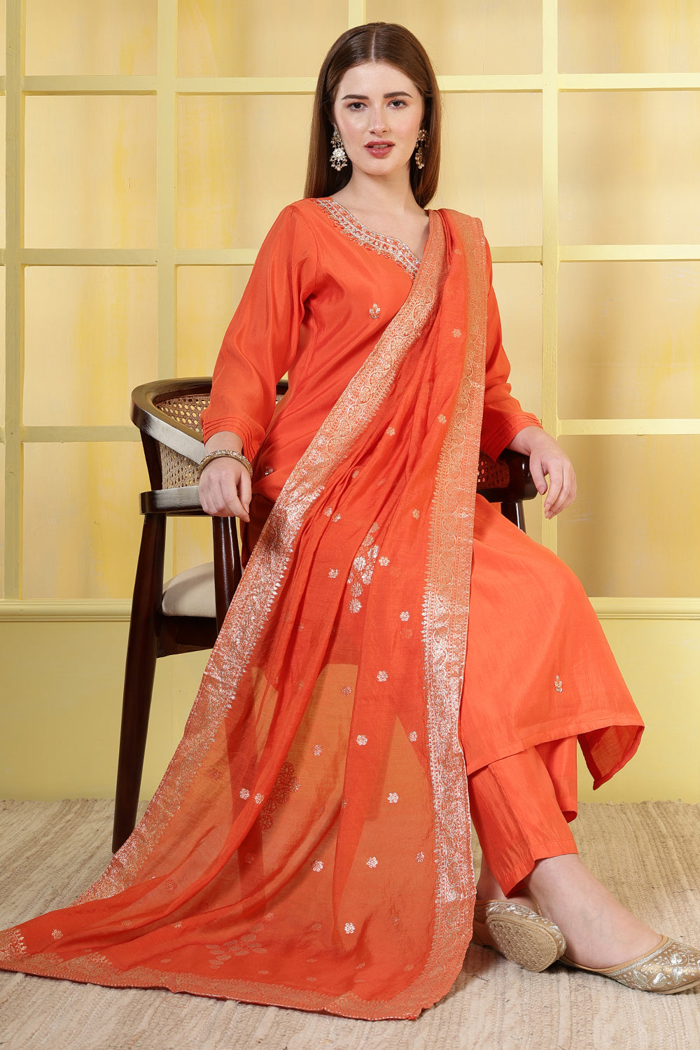 Orange Chanderi Silk Neck-Embroidered Suits