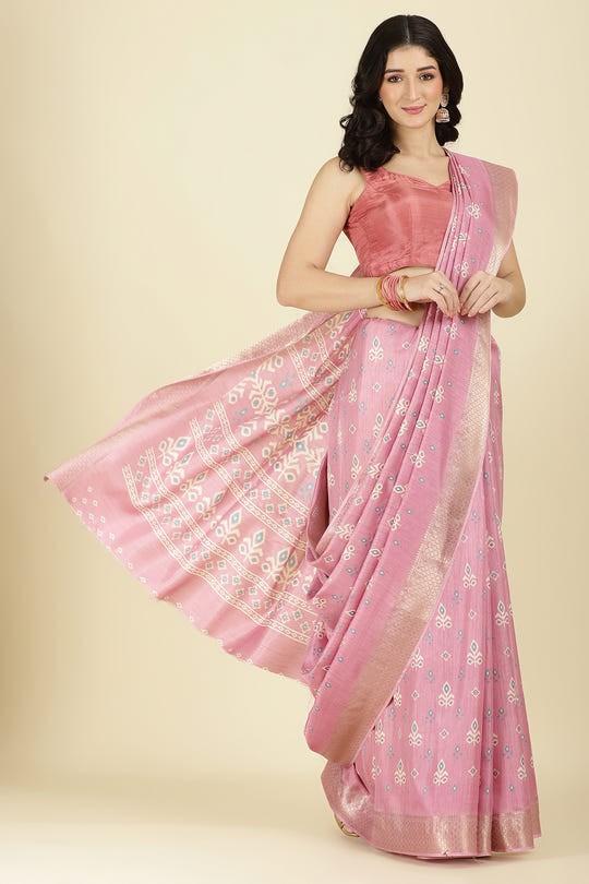 Pink Cotton Silk Printed And Zari Woven Saree