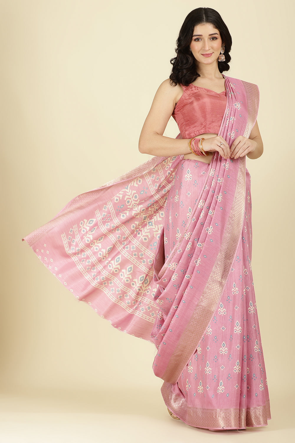 Pink Cotton Silk Printed And Zari Woven Saree