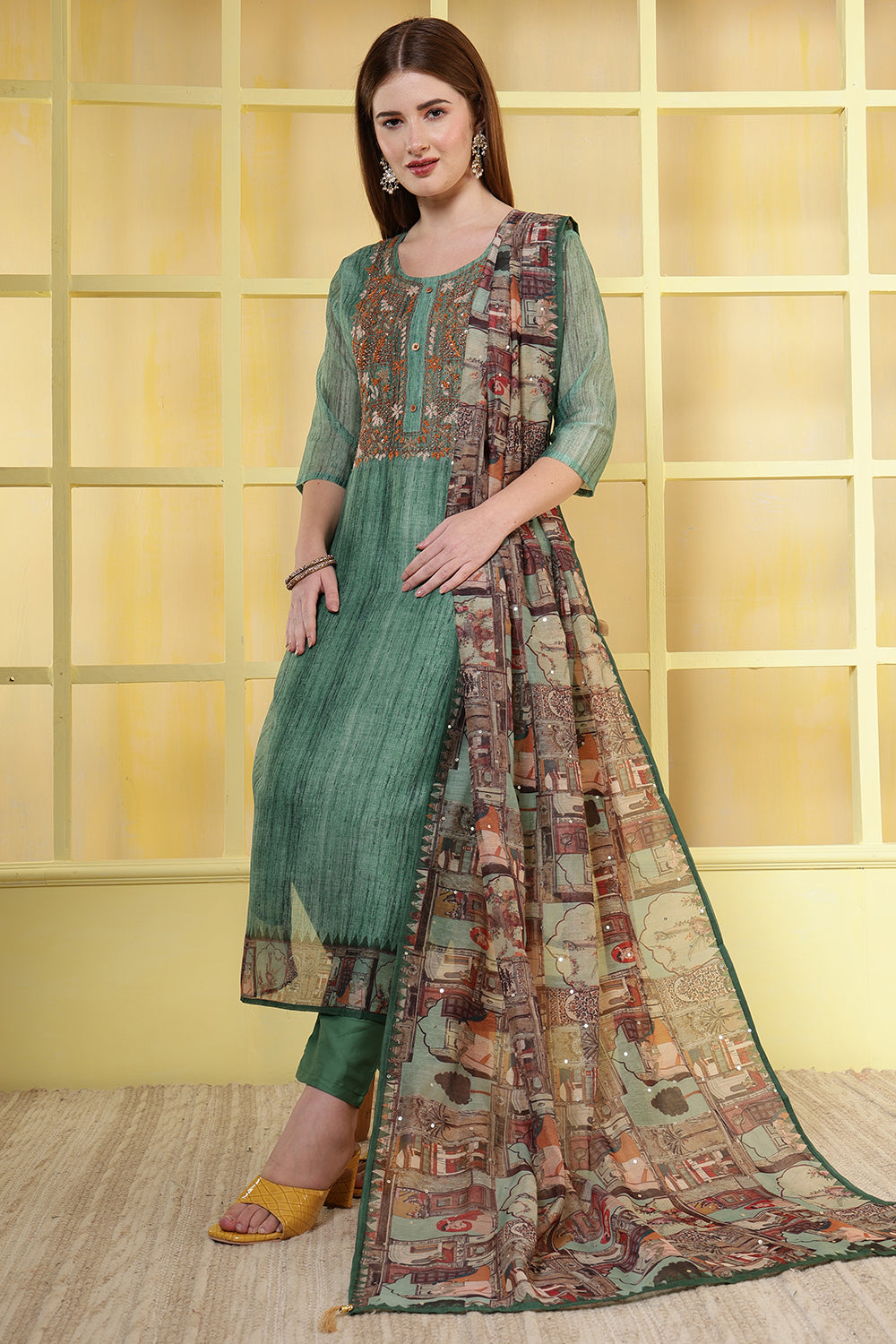 Green Chanderi Neck-Embroidered Straight Suit