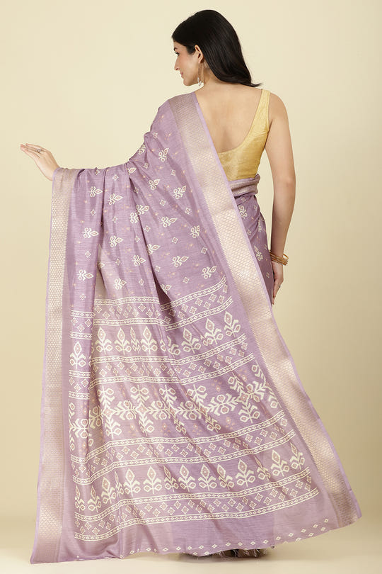 Lavender Cotton Silk Printed And Zari Woven Saree