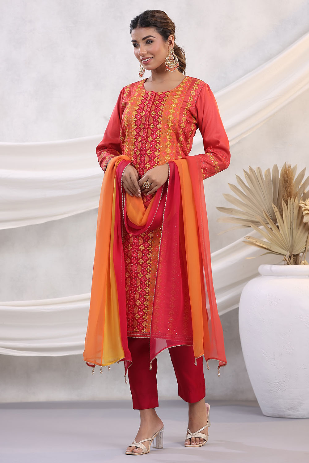 Coral Color Embroidered Silk Unstitched Suit Fabric