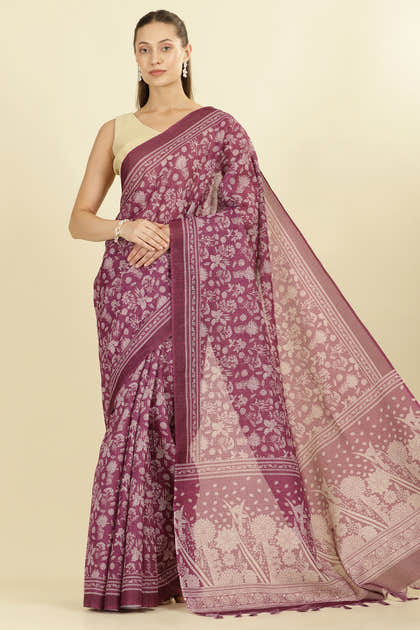 Purple Kota Cotton Floral Jaal Printed Saree