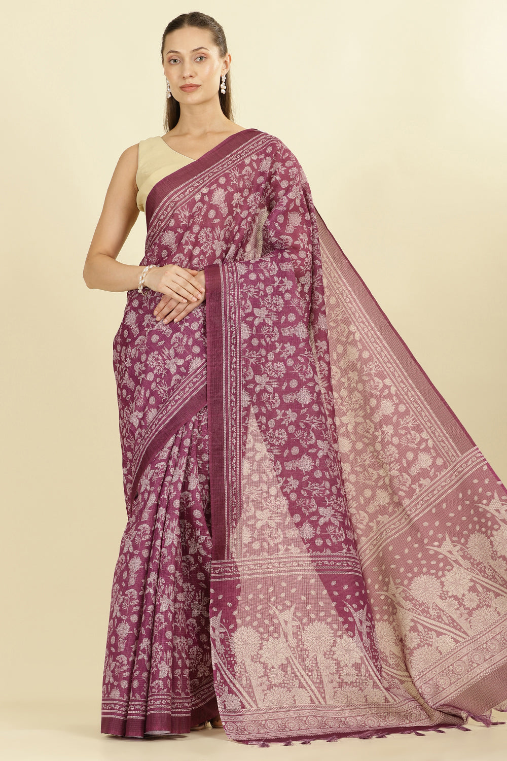 Purple Kota Cotton Floral Jaal Printed Saree