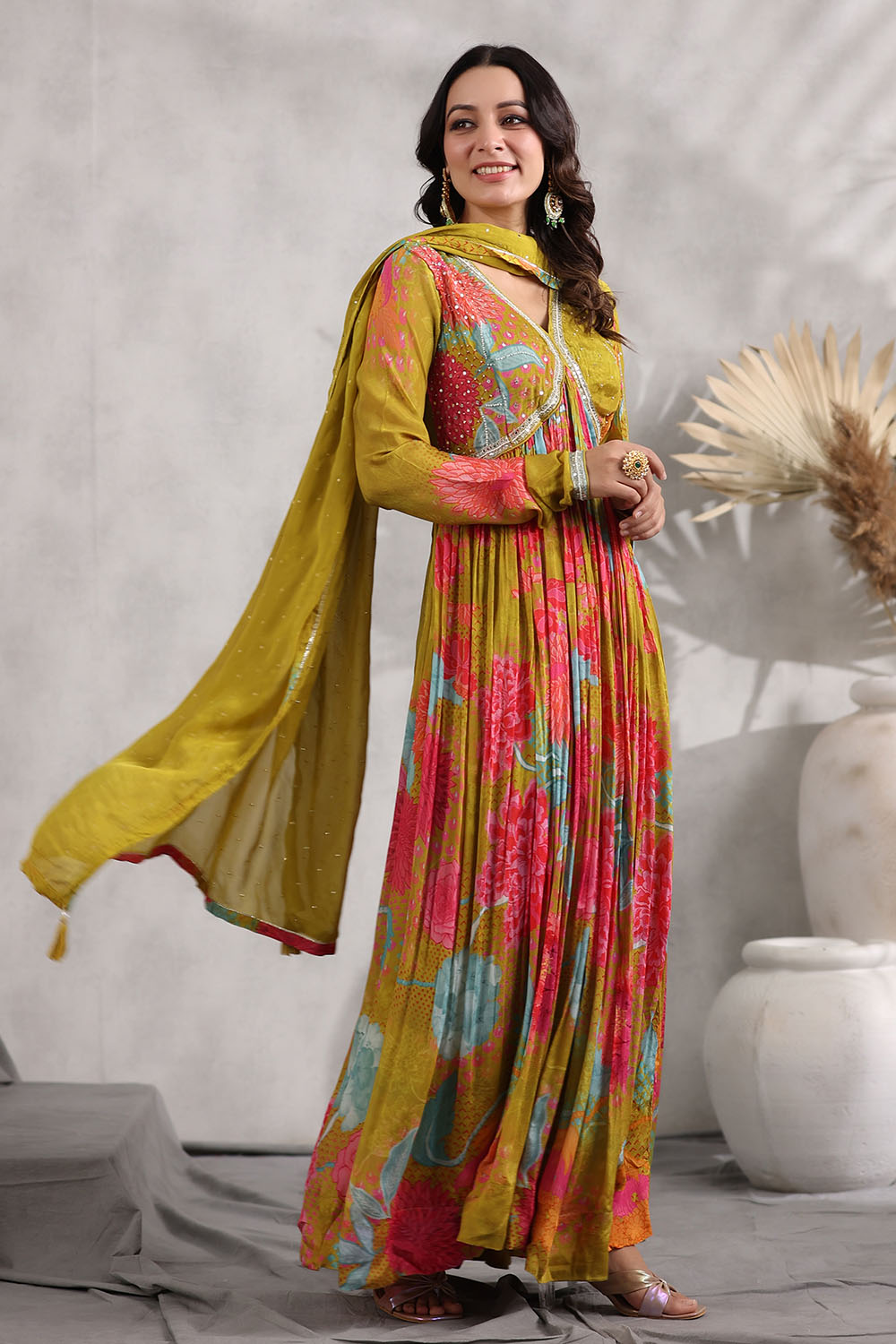 Mustard Color Crepe Alia-Cut Printed Anarkali Suit