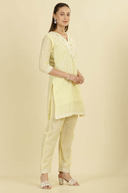 Pale Yellow Cotton Hacoba Style Neck-Embroidered Kurta Set