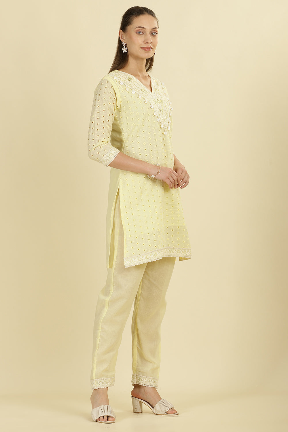 Pale Yellow Cotton Hacoba Style Neck-Embroidered Kurta Set