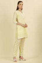 Pale Yellow Cotton Hacoba Style Neck-Embroidered Kurta Set