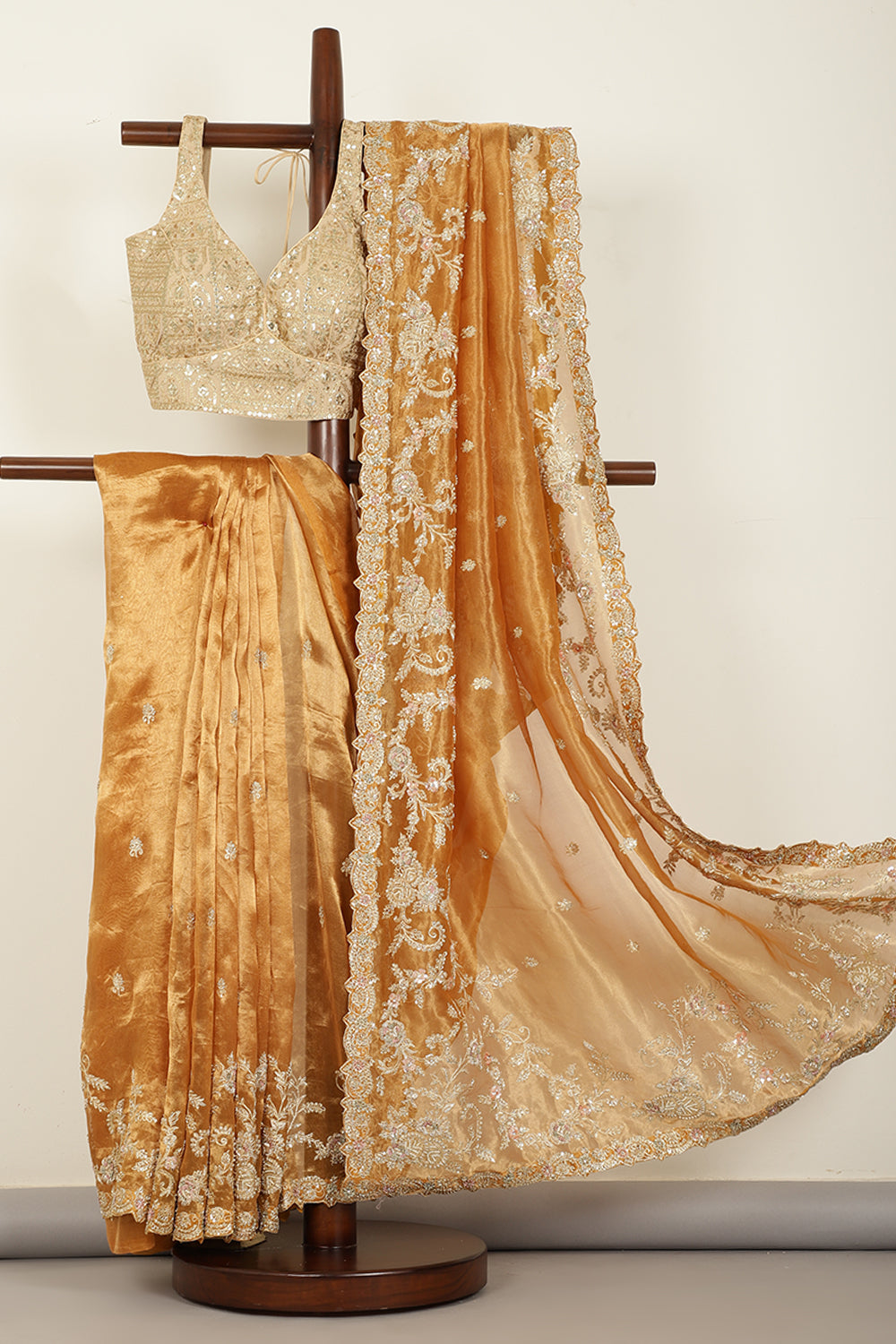 Mustard Gold Color Pure Tissue Handloom Saree with Sequence & Zardozi Handwork