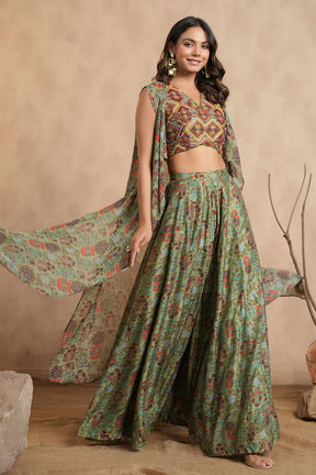 Pista Green Colour Chinon Embroidered Crop-Top and Printed Palazzo Set With Shrugs