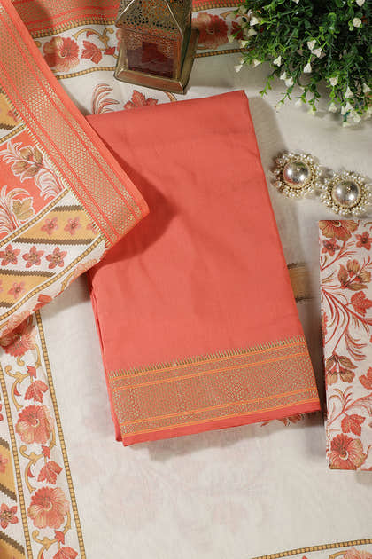 Peach Cotton Unstitched Suit Material With Floral Printed Dupatta & Salwar