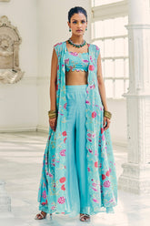 Turquoise Color Embroidered Crepe Crop-Top with Jacket and Palazzo