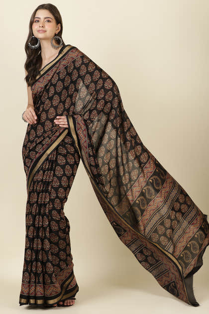Black Block Printed Cotton Saree