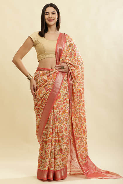 Pink & Beige Cotton Silk Floral Boota Printed Saree